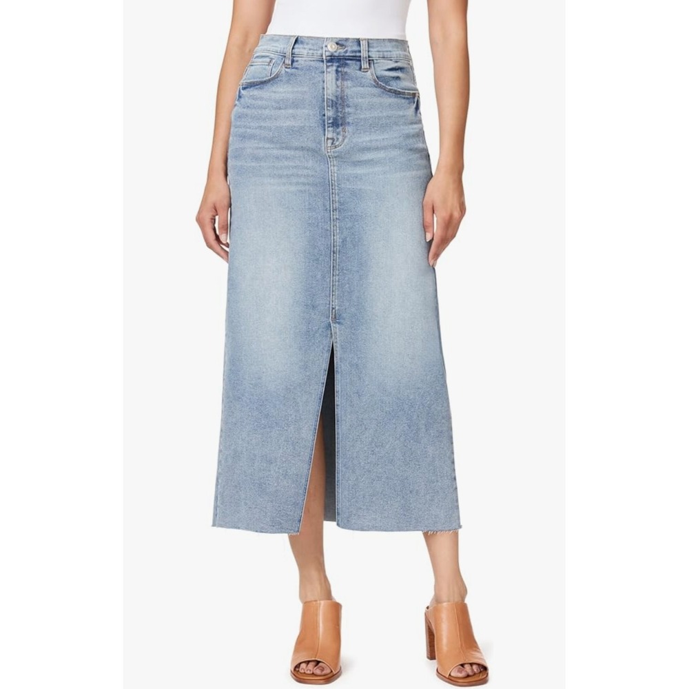 Kensi Long Denim Midi Maxi Skirt Front Slit 6 Western Modest Peasant Stretch